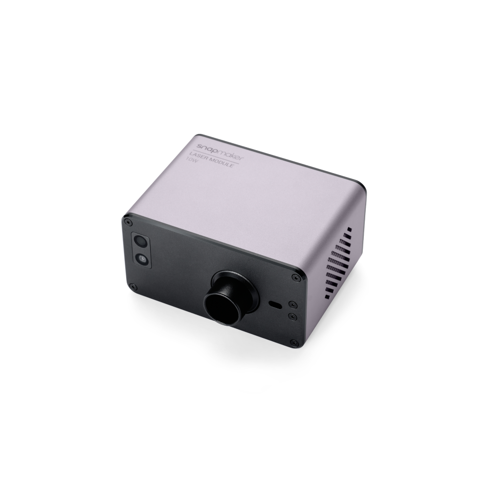 Modulo laser ad alta potenza Snapmaker da 10 W: vista laterale che mette in evidenza la versatilità delle opzioni di connessione e il design del sistema di ventilazione.