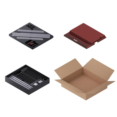 Contents of Snapmaker Artisan 3D Printer Standard 3-in-1 Addons, showing metal rods, a red part, and an open box with accessories.