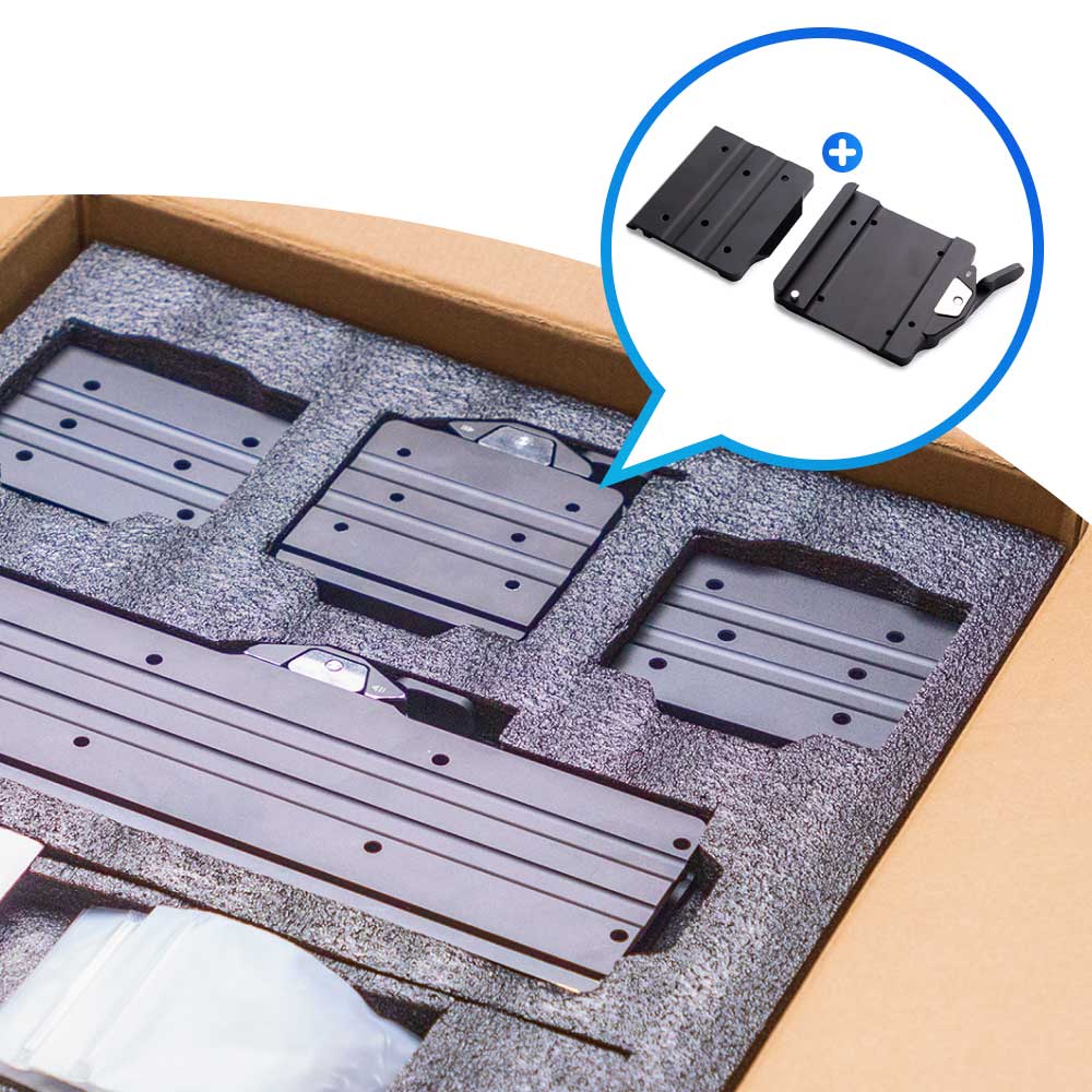 Snapmaker 2.0 Quick Swap Kit components displayed in packaging, highlighting quick-release parts and toolhead plates for easy setup.