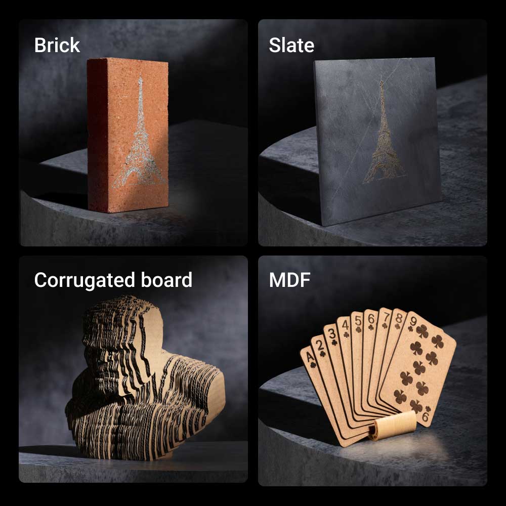 Modulo laser Snapmaker da 10 W che mostra la possibilità di incidere su diversi materiali come mattoni, ardesia e MDF.
