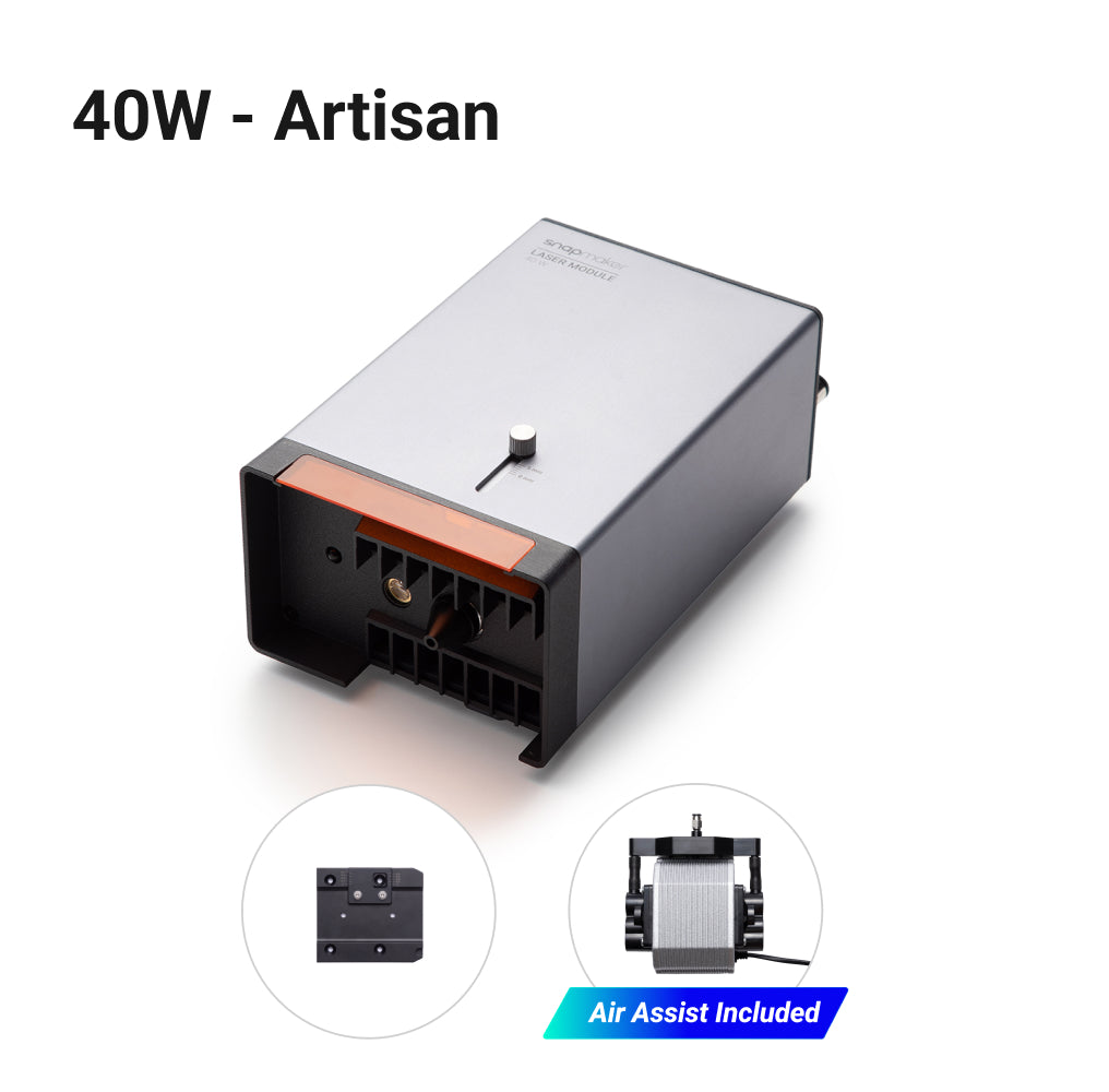 40W Laser Module for Snapmaker Artisan featuring air assist, demonstrating enhanced laser cutting precision and safety.