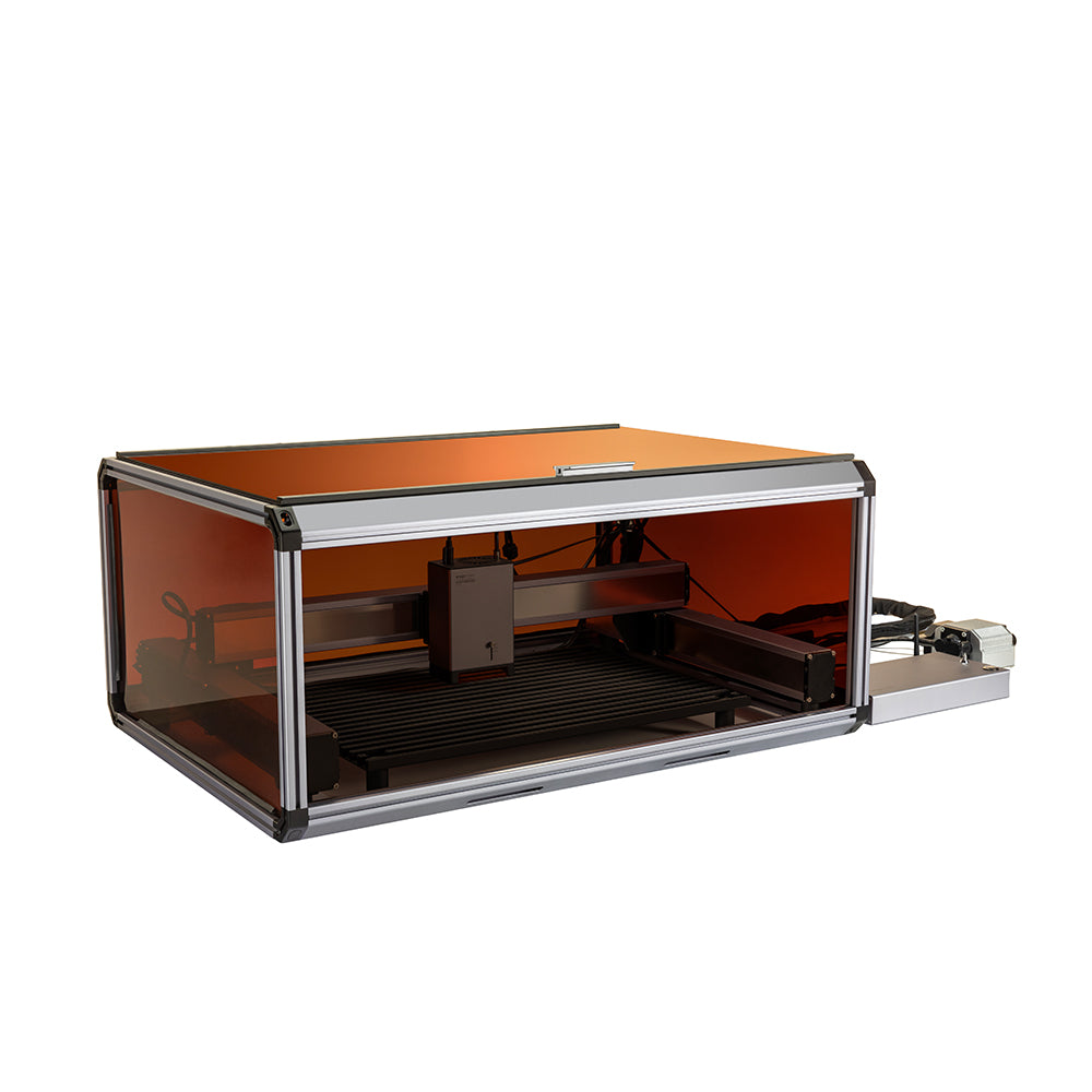 Side angle of Snapmaker Ray enclosure, showing the laser engraver module positioned inside and ready for use.