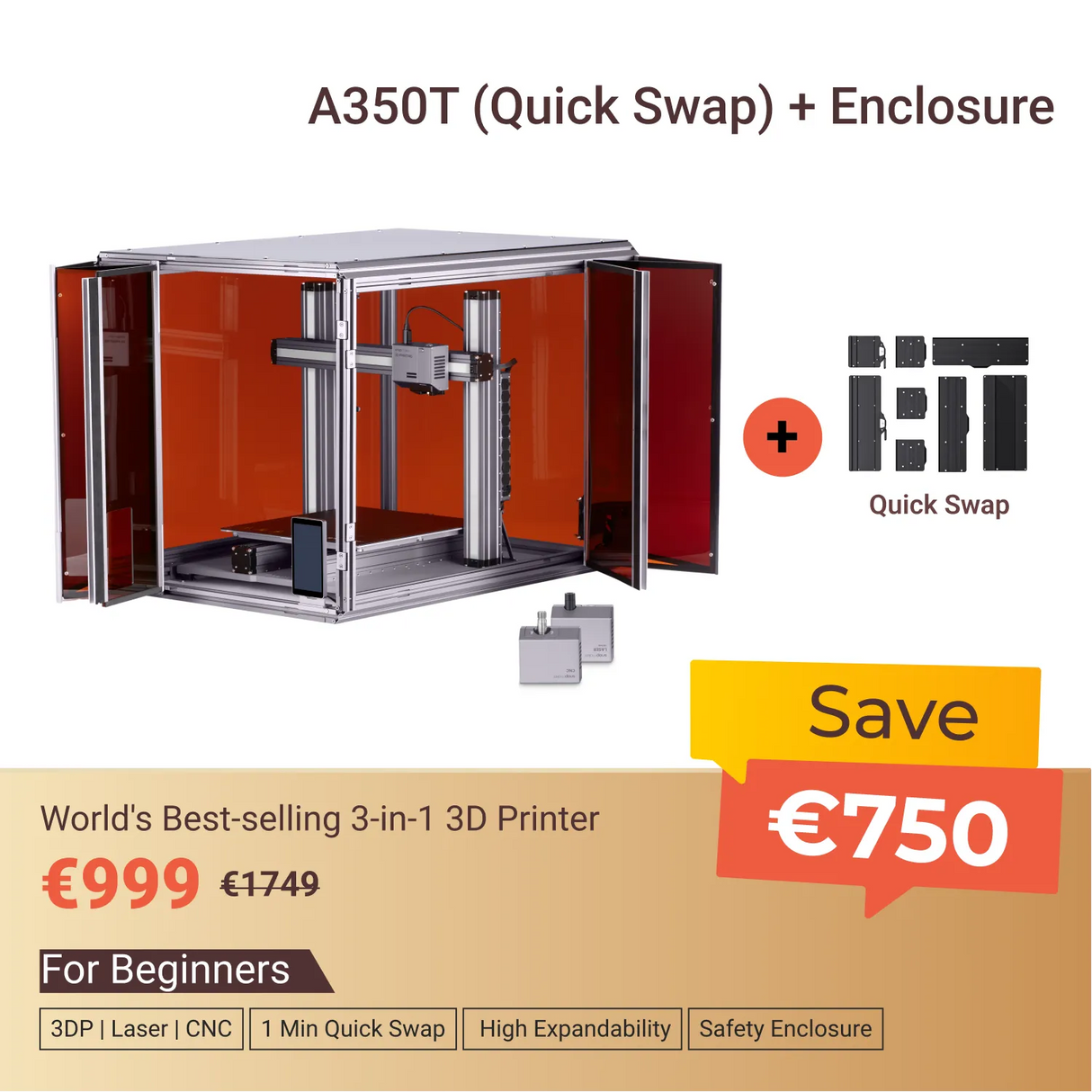 Snapmaker 2.0 Modular 3-in-1 3D Printer with Enclosure A350T (VAT Incl.)