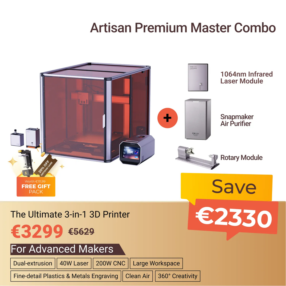 Snapmaker Artisan 3-in-1 3D Printer (VAT Incl.)