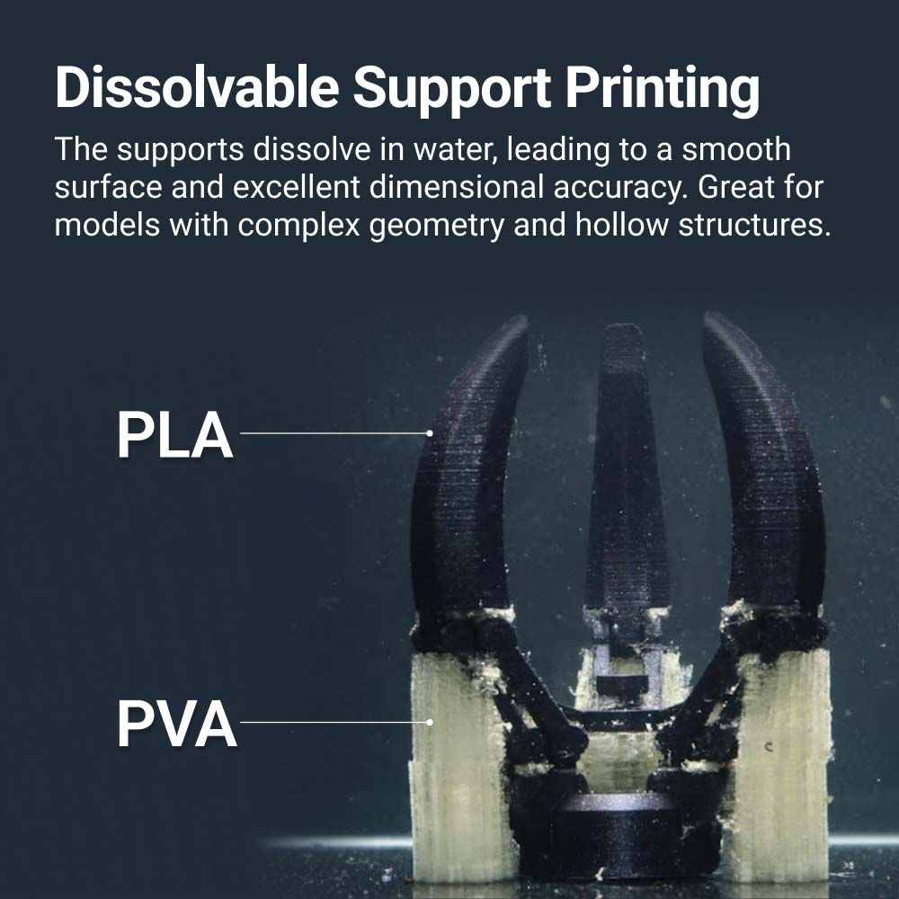 Dual Extrusion Module demonstrates dissolvable support 3D printing with PLA and PVA materials.