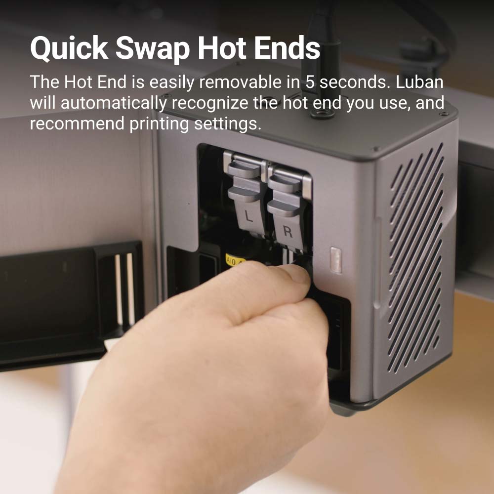 Quick Swap feature on Dual Extrusion 3D Printer Module, showing replacing hot ends for efficient setup.