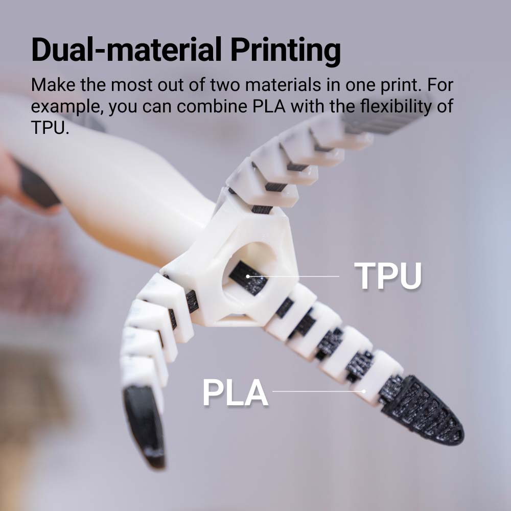 The dual extrusion 3D printing module features dual-material printing capabilities combining PLA with TPU.