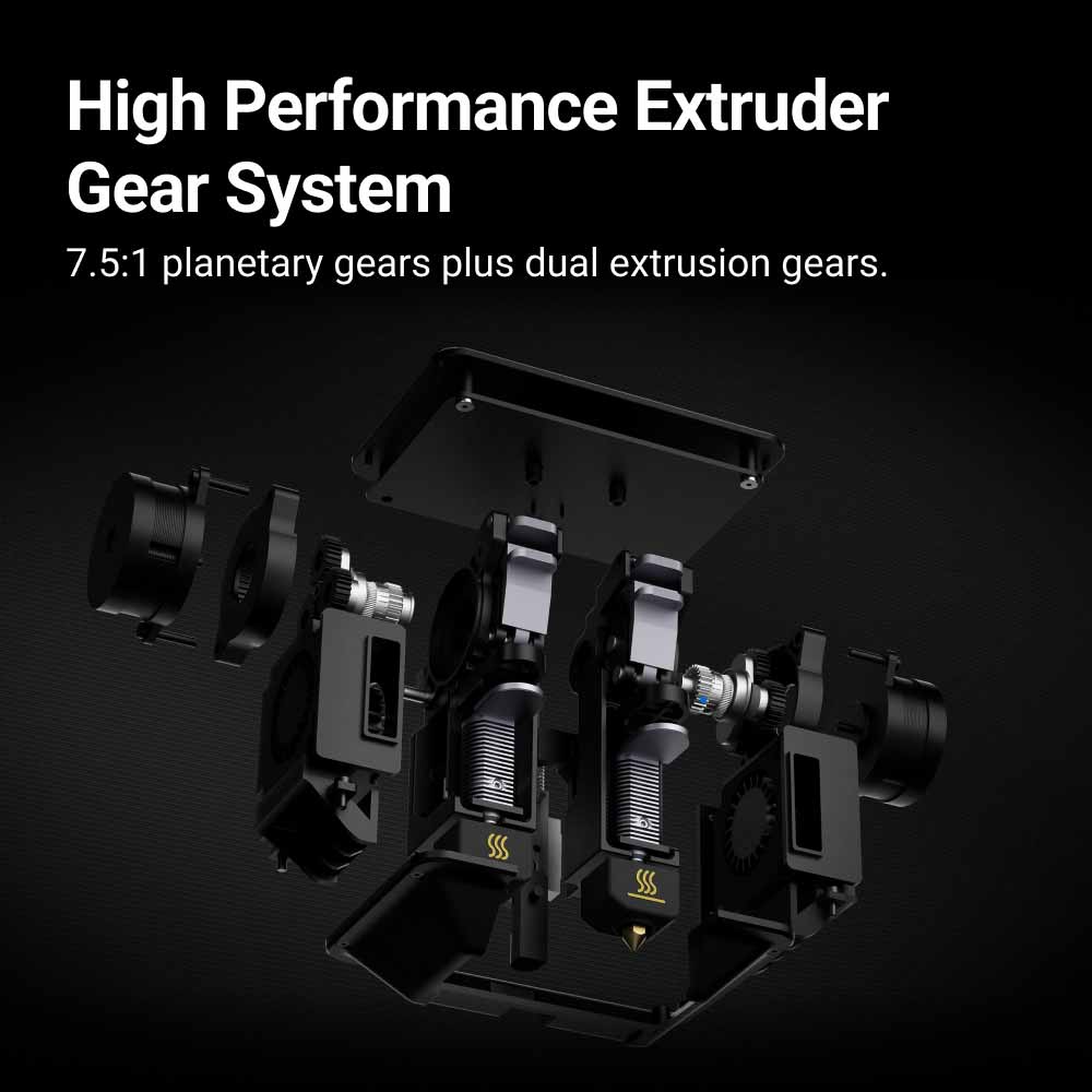 Detailed view of the high-performance extruder gear system on the Dual Extrusion 3D Printer Module.