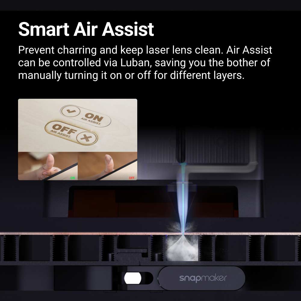 Smart Air Assist feature on Snapmaker showing on-off control via Luban software for efficient laser cutting.