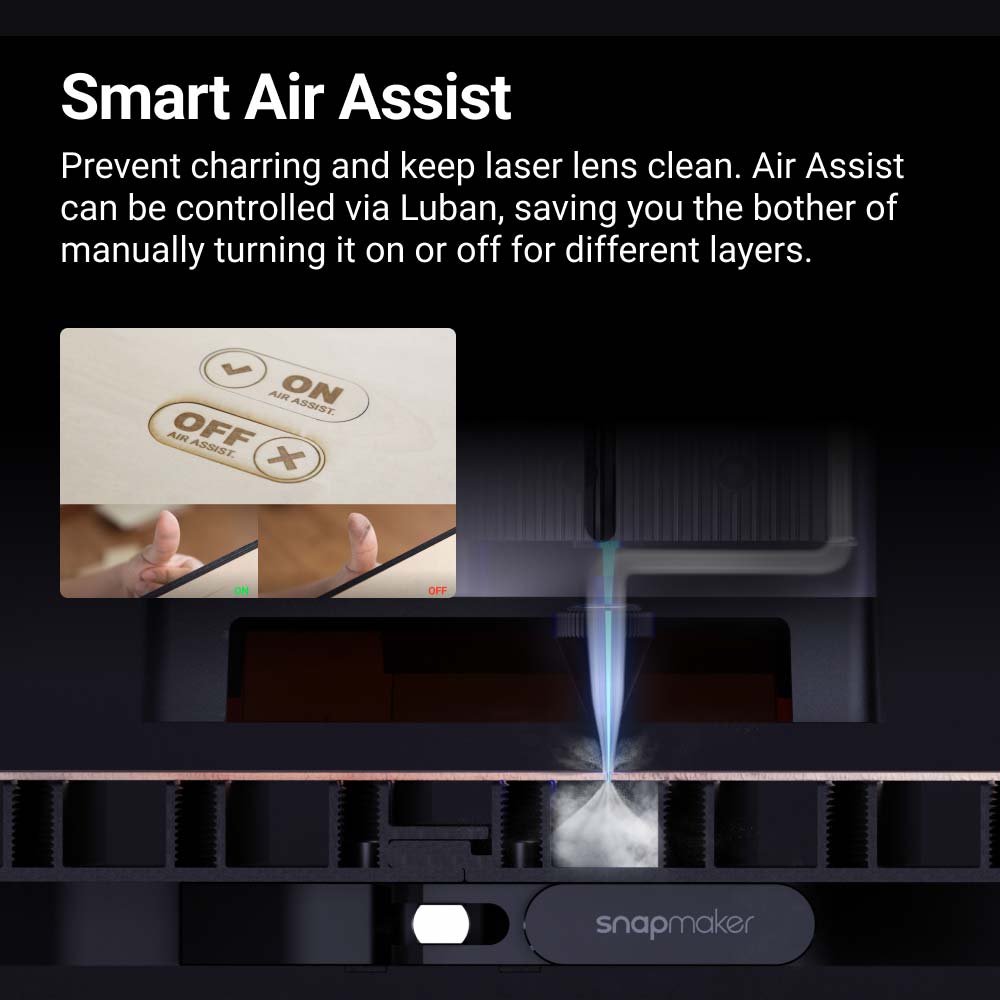 Smart Air Assist feature on the Snapmaker Ray 40W offers convenient on-off control through Luban software.