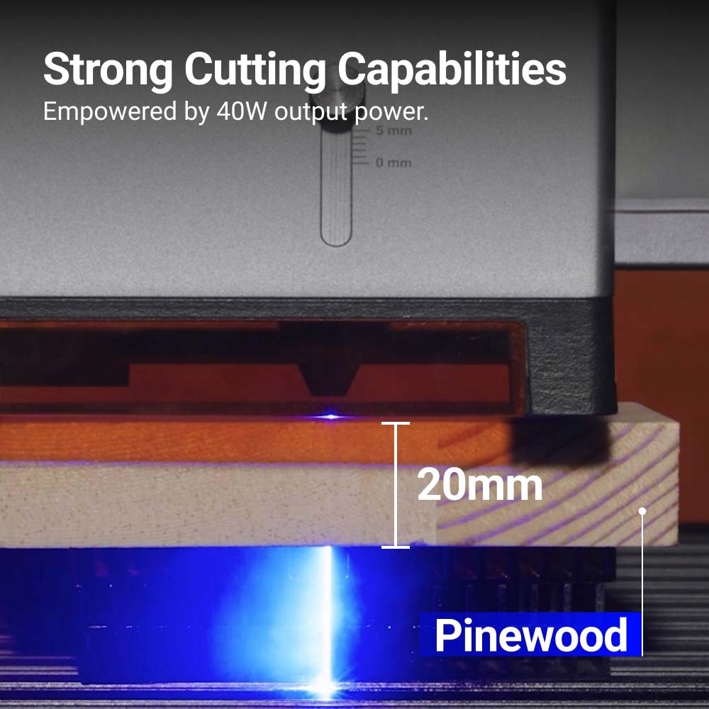 Effortlessly slicing through 20mm pinewood, the Snapmaker Ray 40W showcases robust engraving and cutting performance.