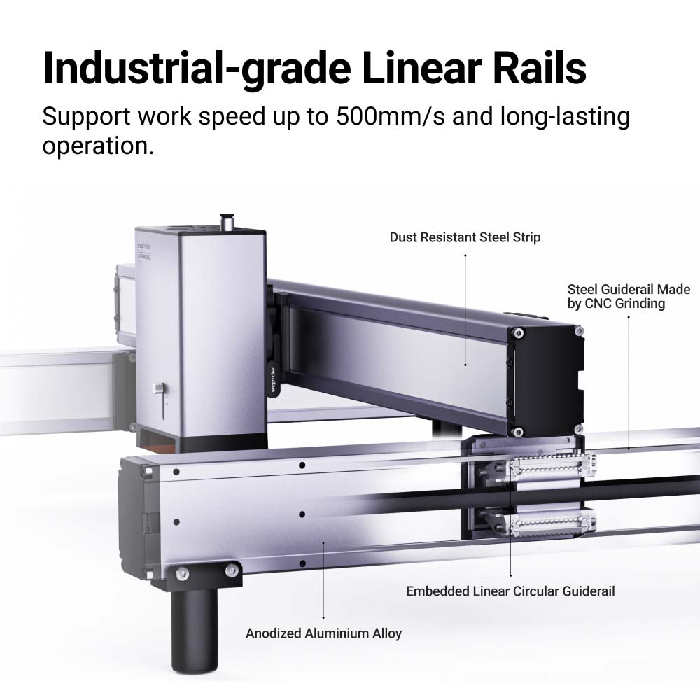 Built with industrial-grade linear rails, anodized aluminum alloy, and a dust-resistant steel strip, Snapmaker Ray ensures lasting durability.