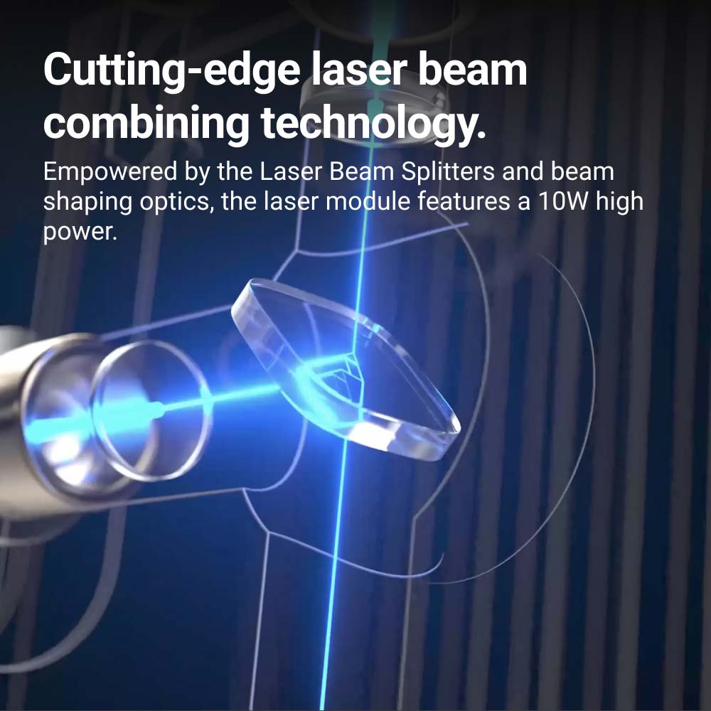 Tecnologia innovativa di combinazione dei raggi laser nel modulo laser Snapmaker da 10 W, per una maggiore precisione nel taglio e nell'incisione.