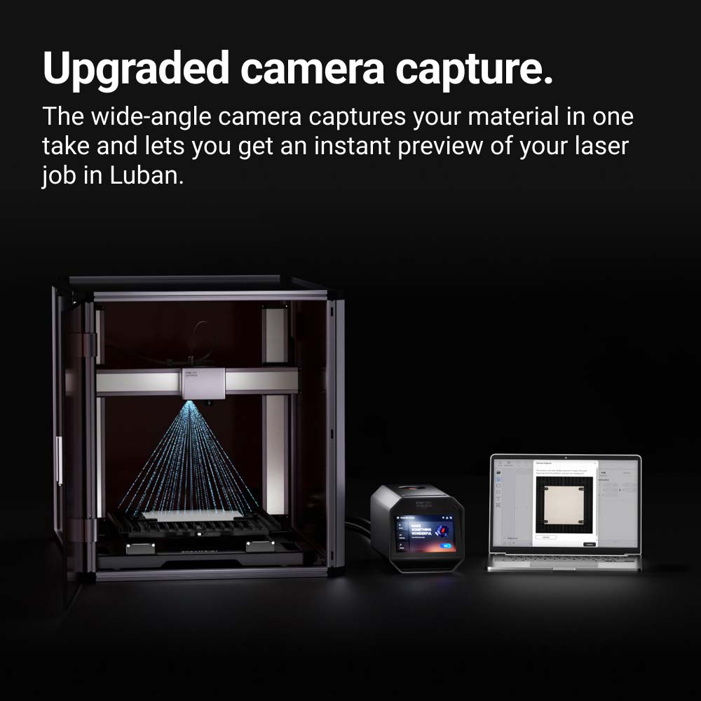 Modulo laser Snapmaker da 10 W ad alta potenza con fotocamera potenziata per un'acquisizione precisa e un'anteprima istantanea.