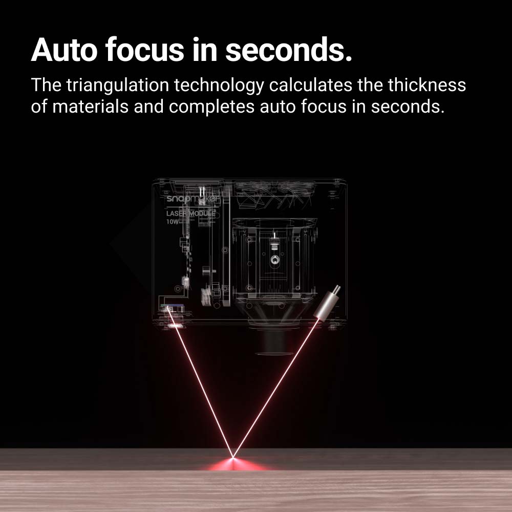 La funzione di messa a fuoco automatica del modulo laser Snapmaker 10W utilizza la tecnologia di triangolazione per il calcolo rapido dello spessore del materiale.