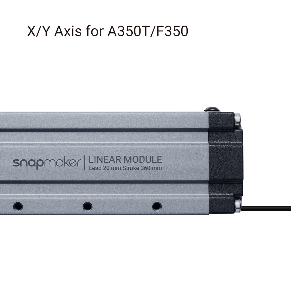 Detailed view of X/Y Axis Linear Module for A350T/F350 highlighting lead specifications and stroke parameters.