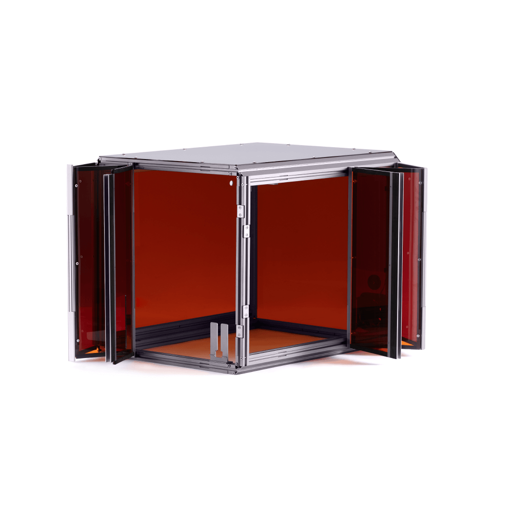 Snapmaker 3D printer enclosure (A250T/F250) with open doors, allowing for easy setup and monitoring of 3D printing projects.