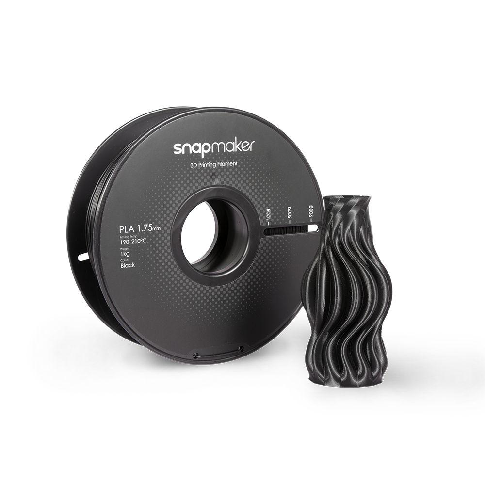 A 3D-printed model with Snapmaker 1.75mm black PLA filament highlights its flawless finish.