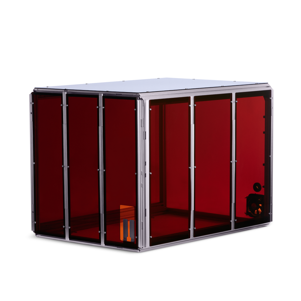 Snapmaker 3D printer enclosure with transparent red panels, providing a controlled environment for 3D printing.