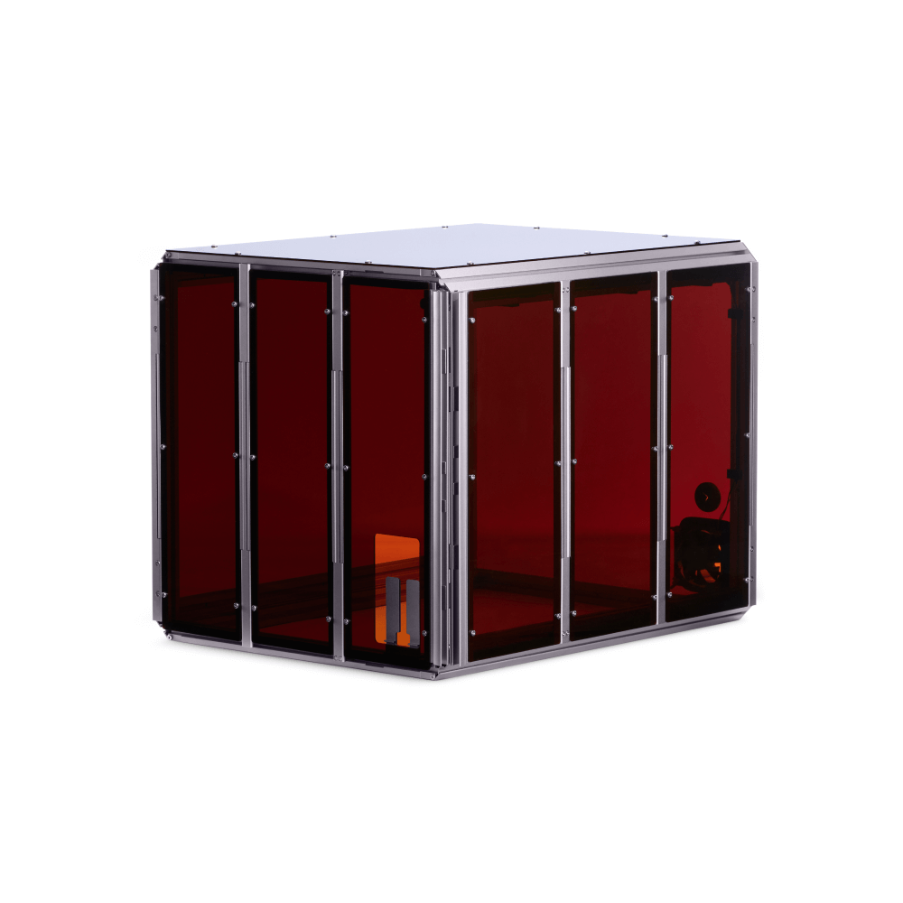 Snapmaker 3D printer enclosure with transparent red panels, offering a safe and controlled environment for 3D printing projects.