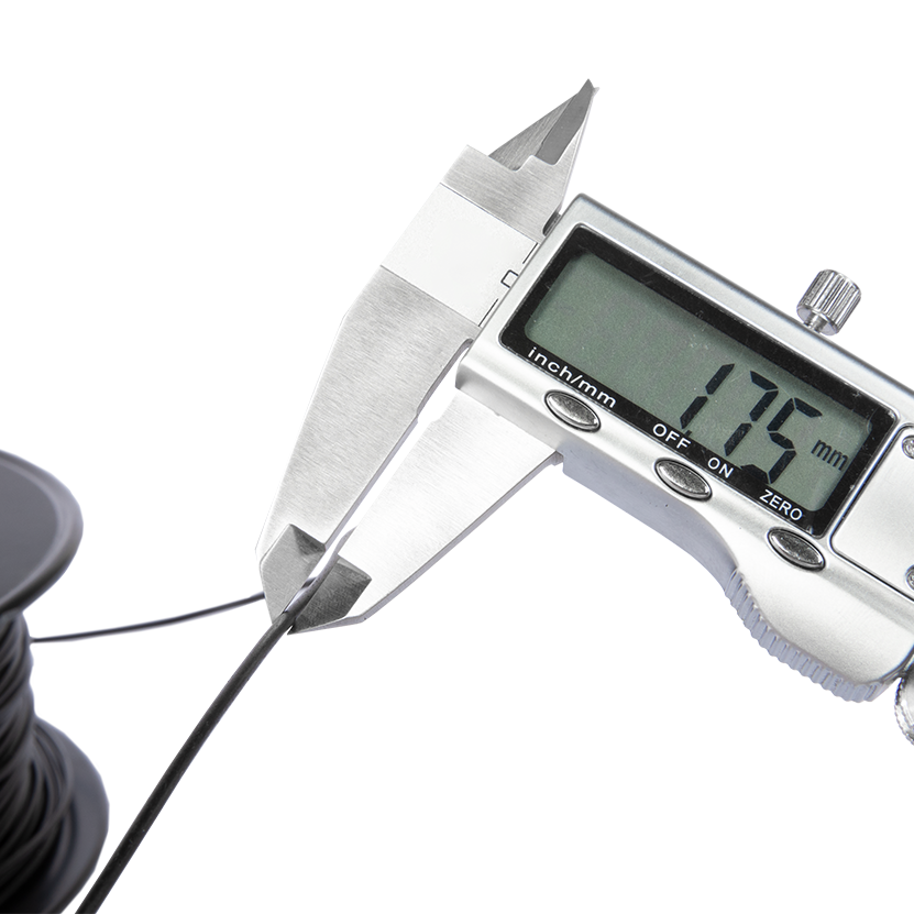 Using a caliper to measure Snapmaker 1.75mm black PLA filament guarantees precise diameter accuracy.