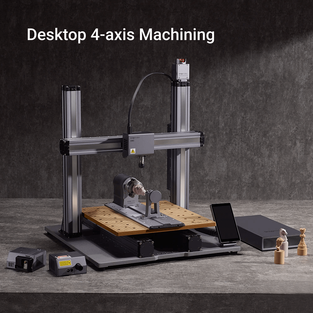Complete desktop 4-axis CNC machine setup with Snapmaker Rotary Module for versatile crafting.