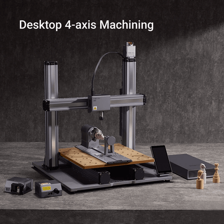 Complete desktop 4-axis CNC machine setup with Snapmaker Rotary Module for versatile crafting.