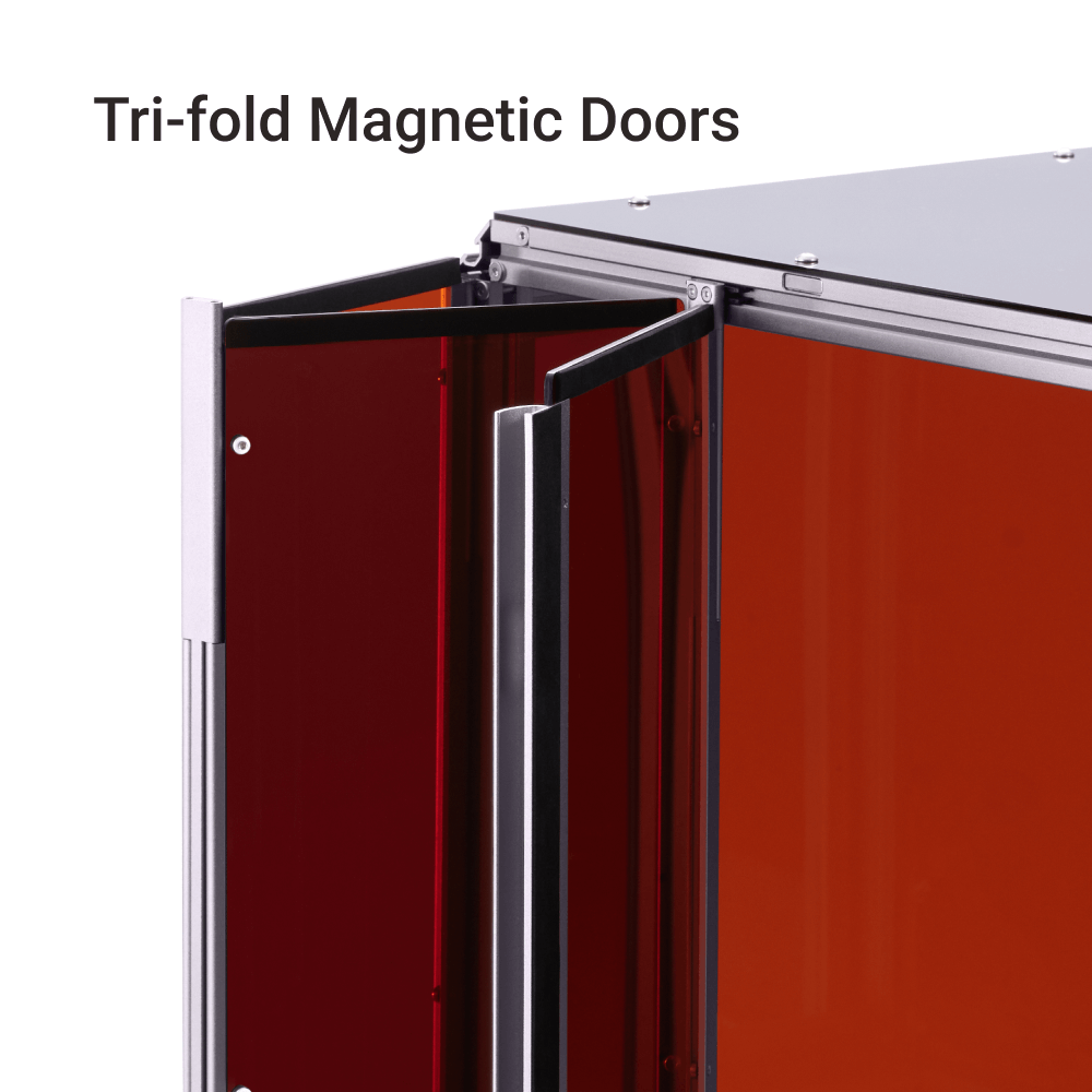 Snapmaker 3D printer enclosure with tri-fold magnetic doors for easy access and maintenance during printing.