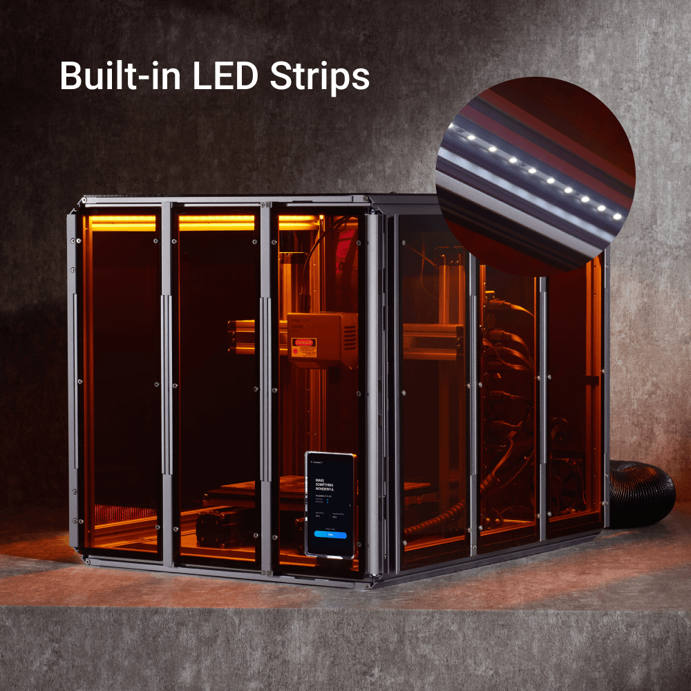 Snapmaker 3D printer enclosure featuring built-in LED strips for enhanced lighting and visibility during 3D printing.