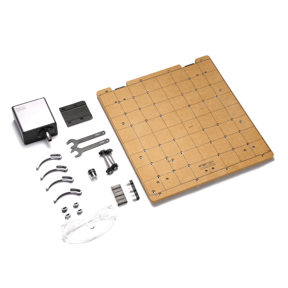 Snapmaker 200W CNC Module full kit for Artisan, featuring CNC platform, Safety Goggles, and various tools.