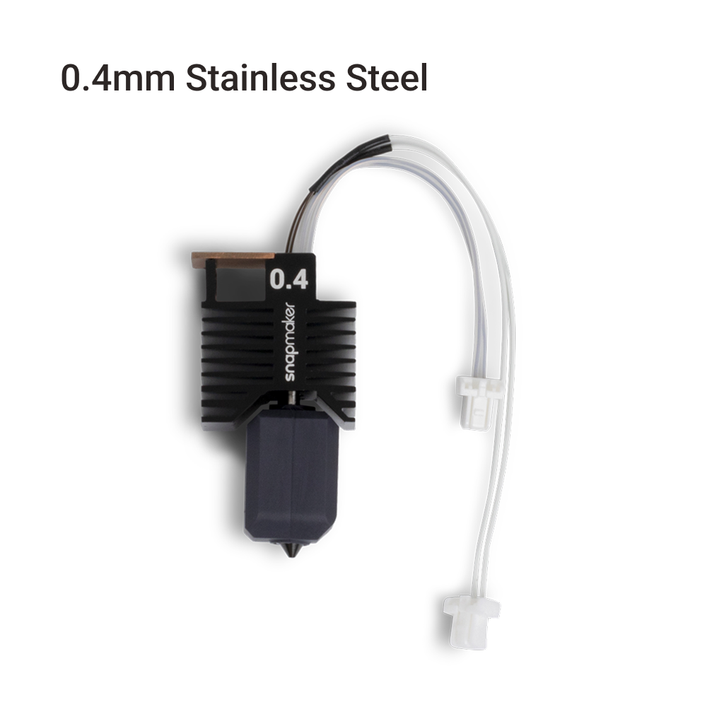 0.4mm stainless steel hot end for Snapmaker U1, integrated replacement module with finned heatsink, tubes, and plug connectors.