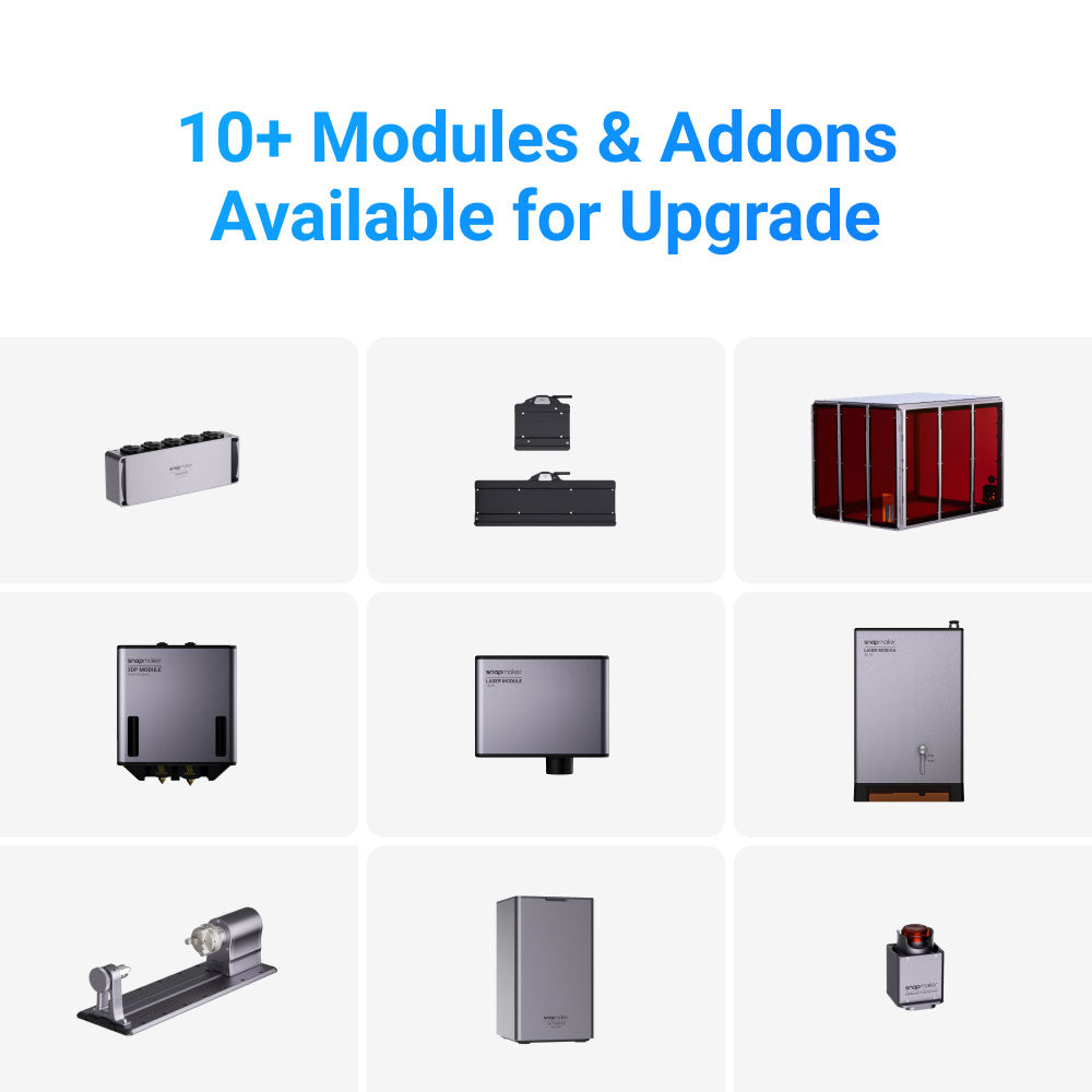 Available modules and add-ons for upgrading the Snapmaker 2.0 Modular 3-in-1 3D Printer.