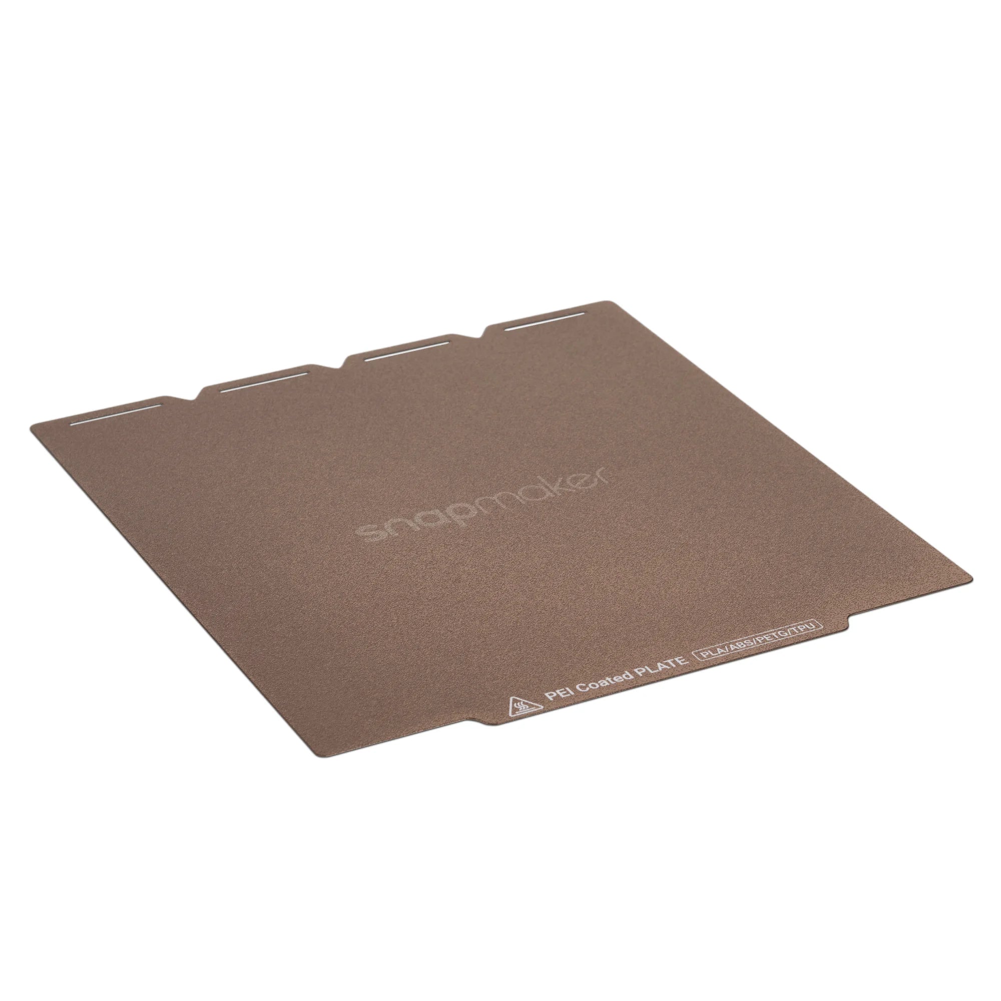 An angled view of the Textured PEI Steel Plate for Snapmaker U1, showing its slim profile and evenly coated print surface.
