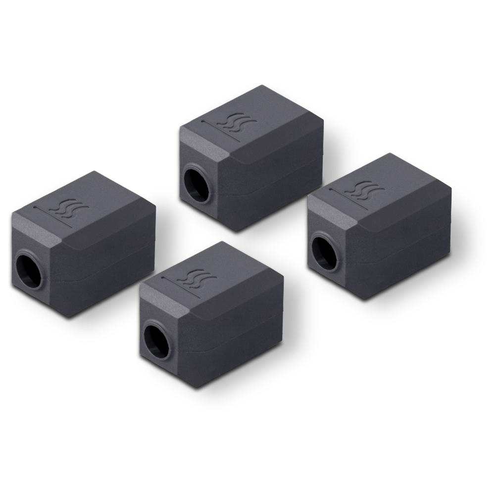 Four Snapmaker U1 hot end silicone socks in a 4-pack, designed to insulate the heater block and help reduce filament sticking to the nozzle.