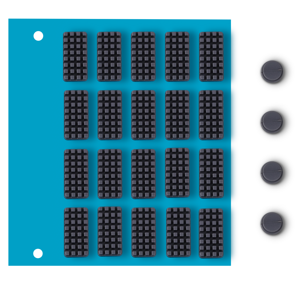 Top view of the Snapmaker U1 cleaning kit with silicone parking pads/scrapers and four silicone clog removers for clearing nozzle clogs.