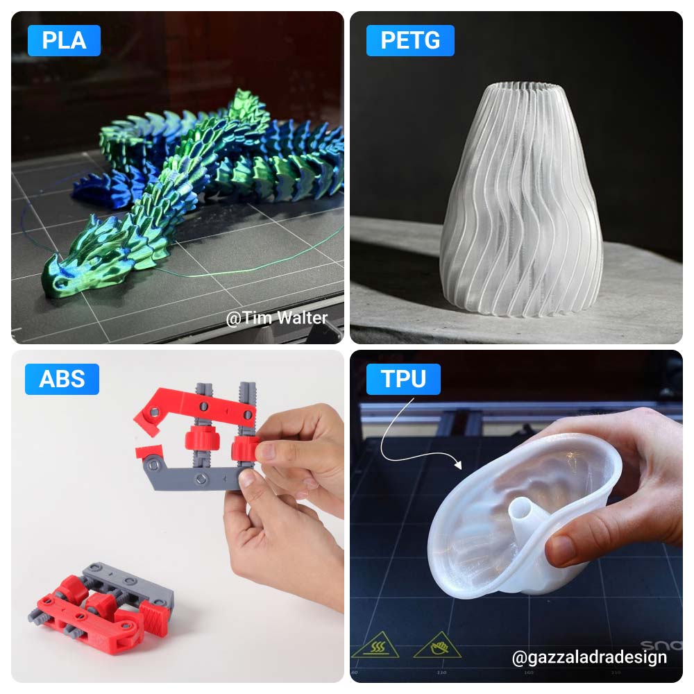 Diverse printing materials like PLA, PETG, ABS, and TPU used with Snapmaker 2.0 Modular 3-in-1 3D Printer.