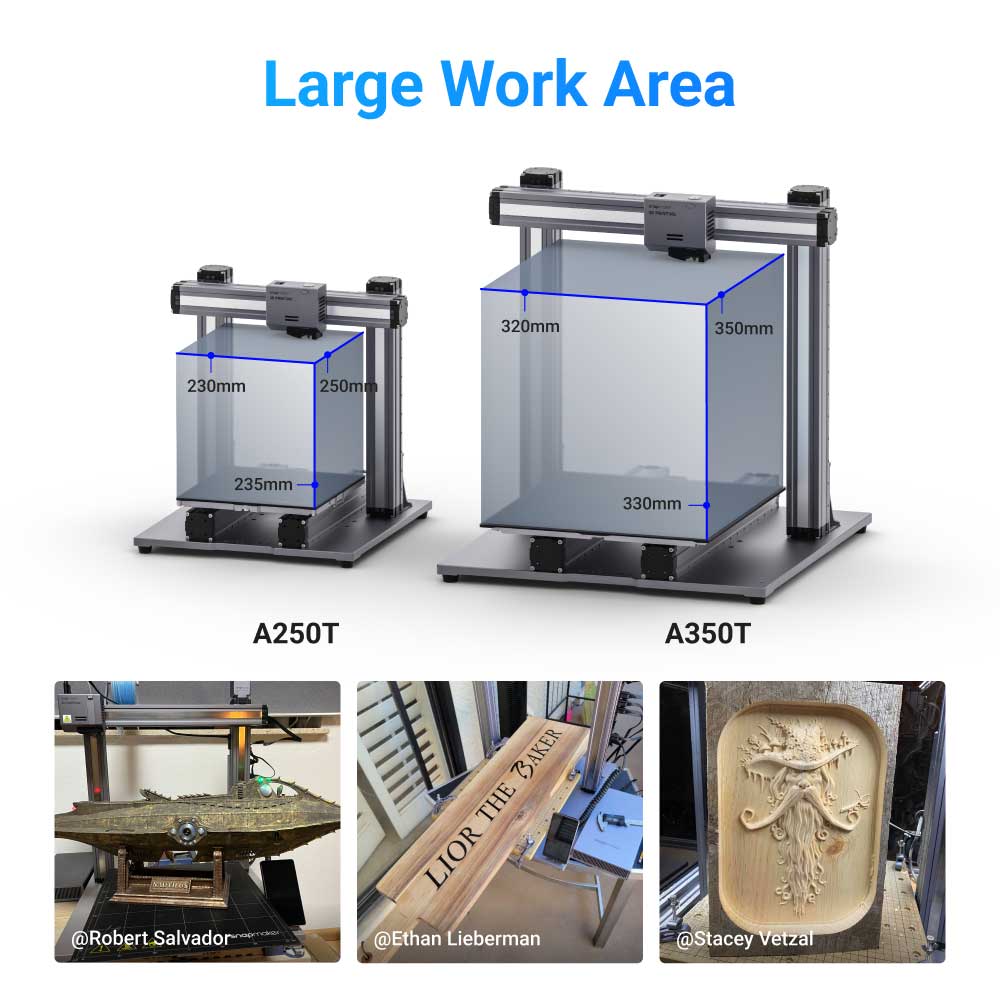 Comparison of Snapmaker 2.0 A350T and A250T 3-in-1 3D printers highlighting their large work area dimensions.