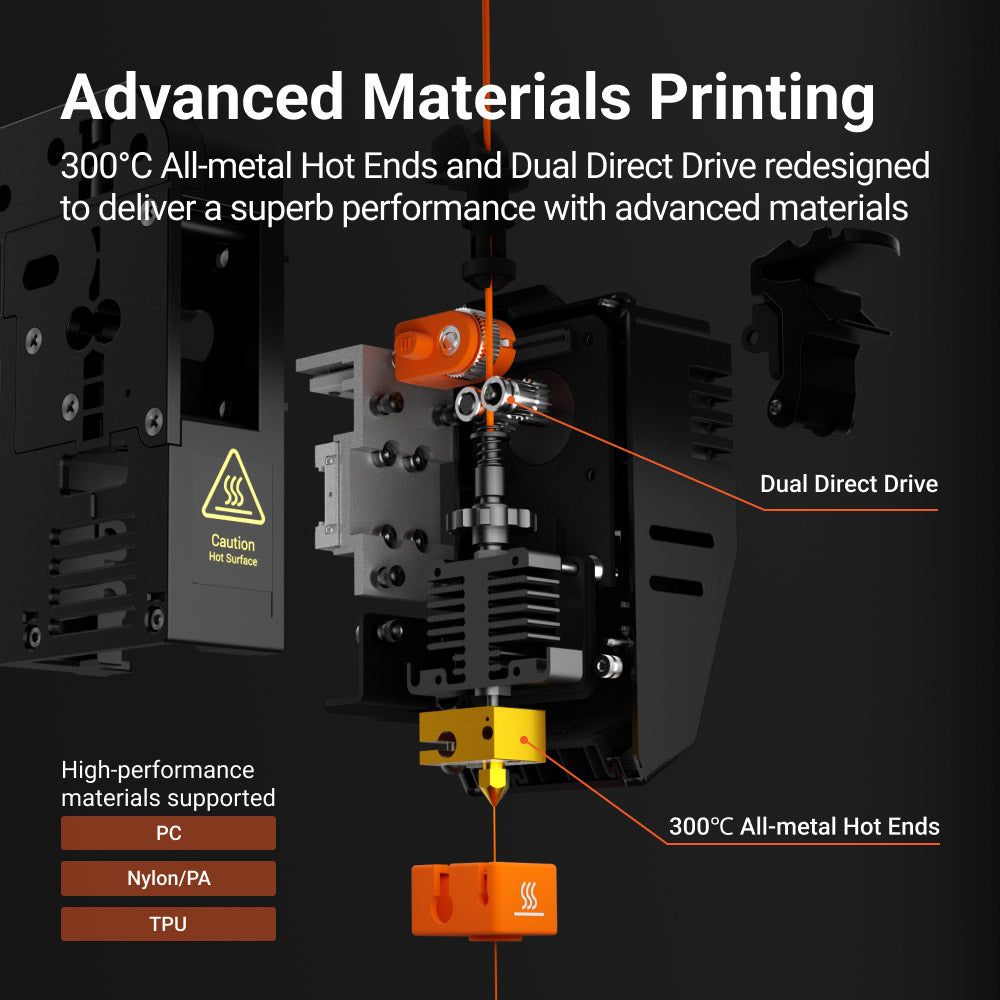 Snapmaker J1s dual extruder 3D printer featuring 300°C all-metal hot ends and dual direct drive.