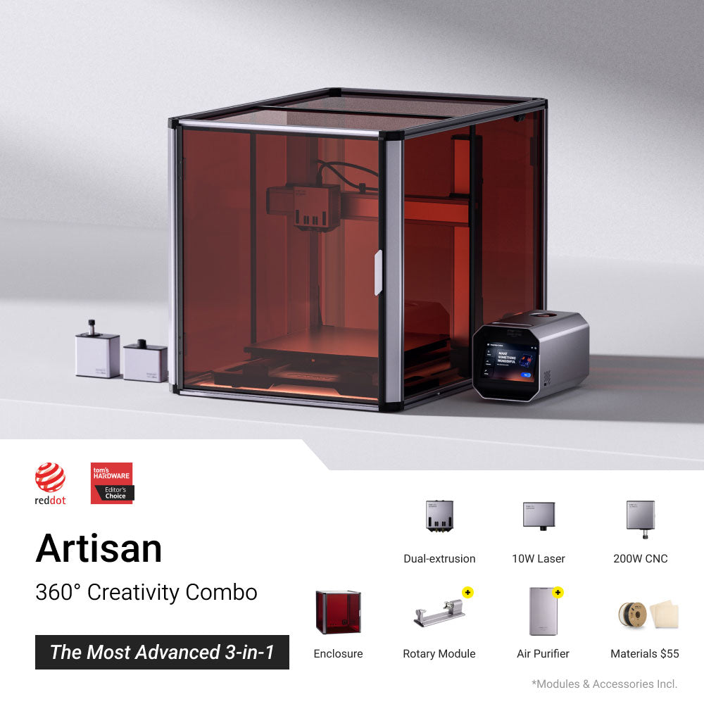 Snapmaker Artisan 360° Creativity Combo 3-in-1 3D printer featuring rotary module and air purifier.