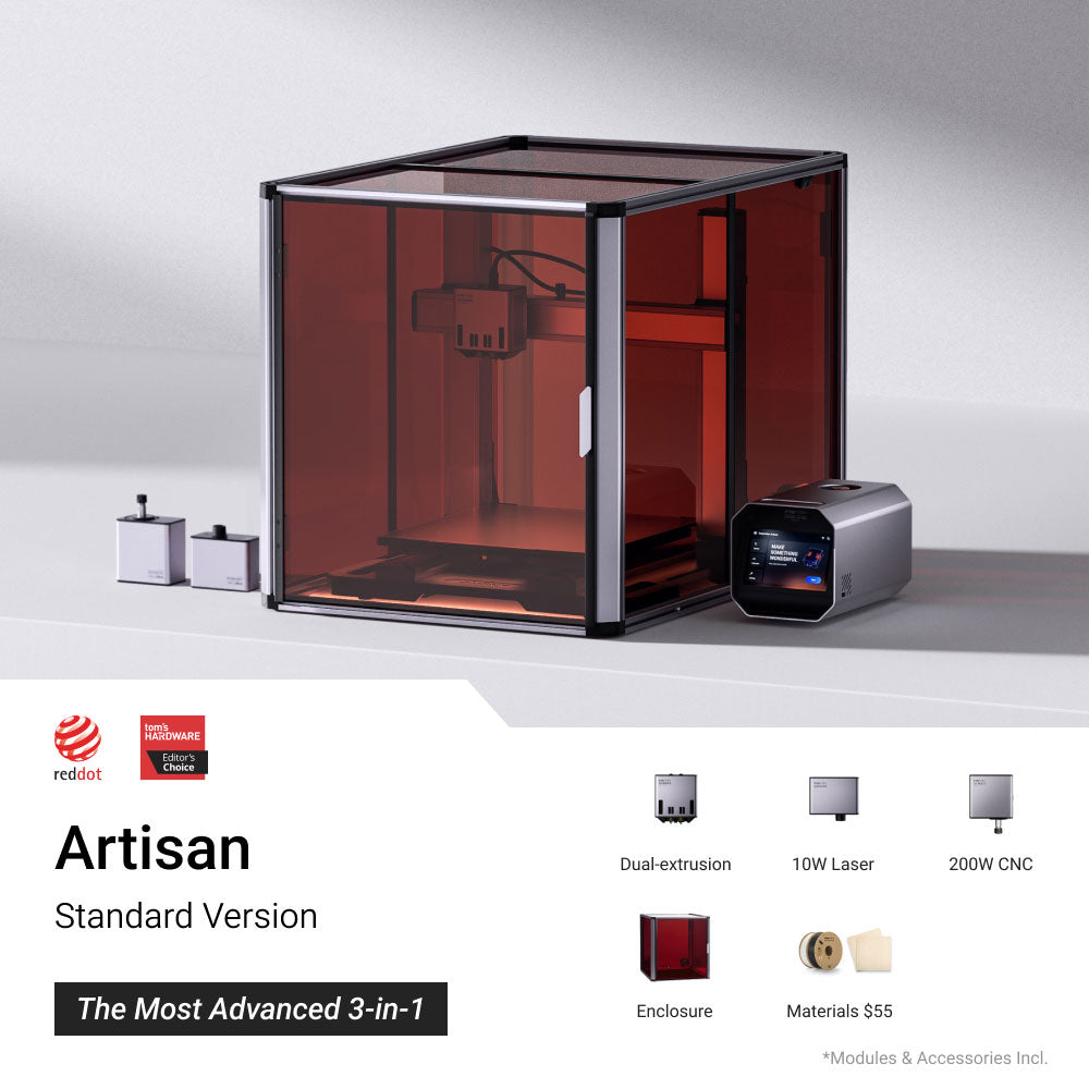 Snapmaker Artisan Standard 3-in-1 3D printer with enclosed setup and touch screen controller.