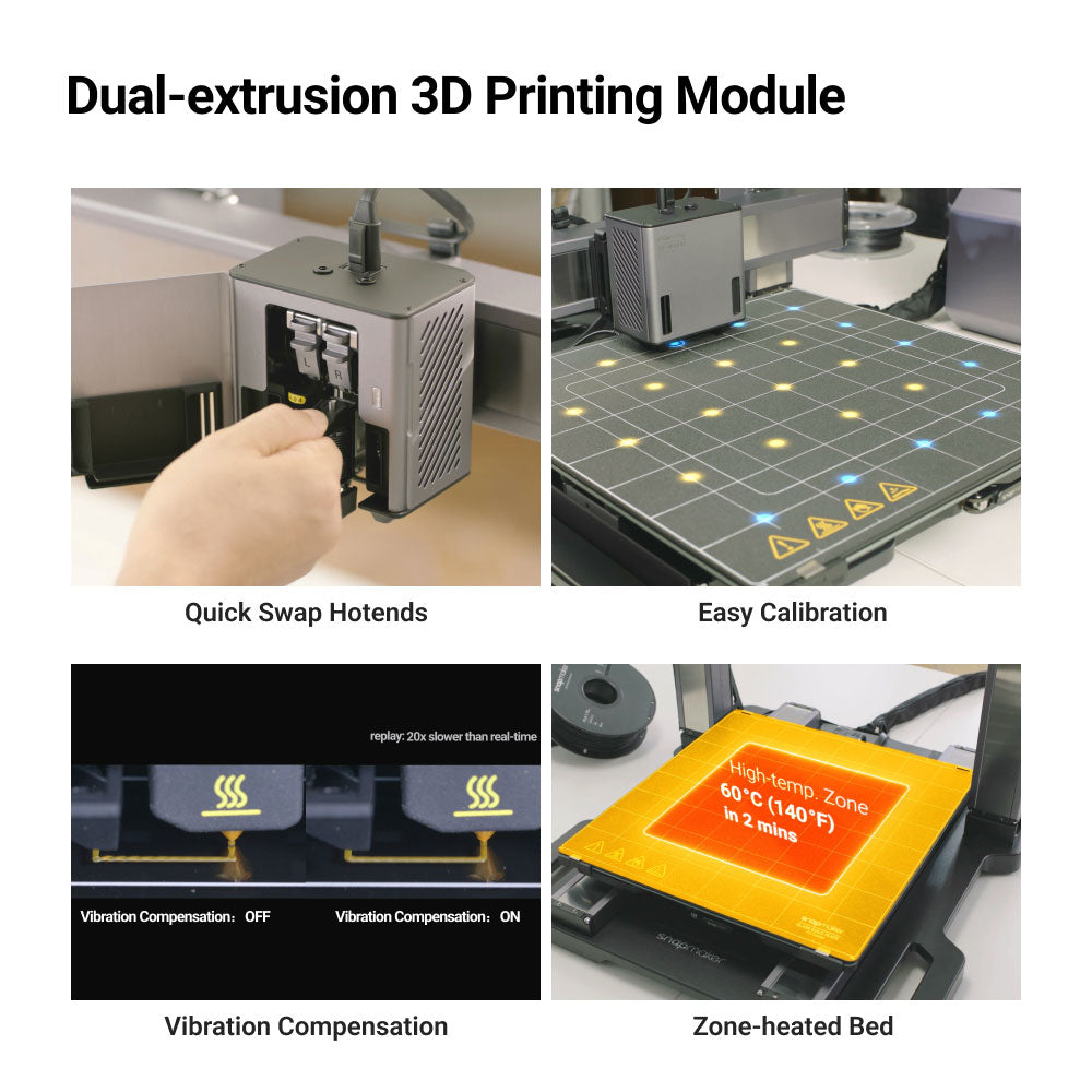 Artisan dual-extrusion 3D printing module with features for quick hotend swaps and vibration compensation.