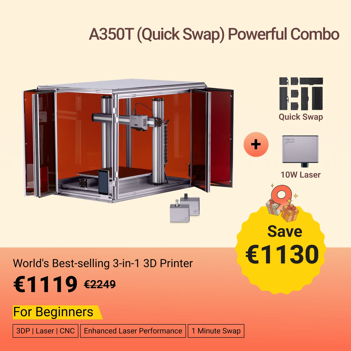 SNAPMAKER 2.0 MODULARER 3-IN-1 3D-DRUCKER MIT GEHÄUSE A350T/A250T (INKL. MWST.)