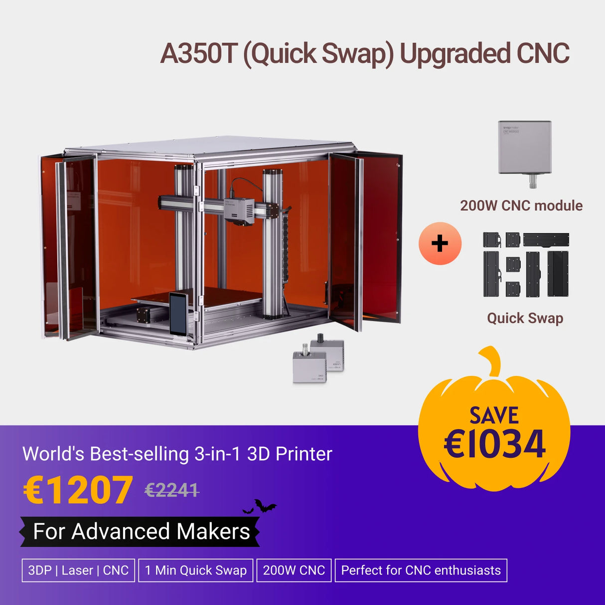 Snapmaker 2.0 Modular 3-in-1 3D Printer with Enclosure A350T (VAT Incl.)