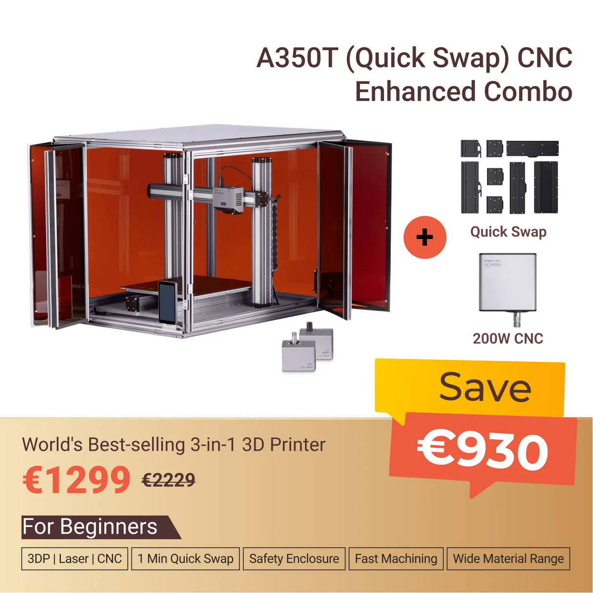 Snapmaker 2.0 Modular 3-in-1 3D Printer with Enclosure A350T (VAT Incl.)