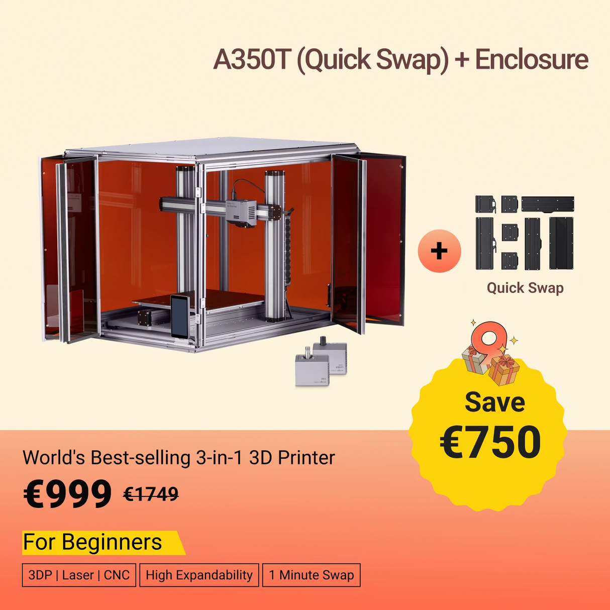 SNAPMAKER 2.0 MODULARER 3-IN-1 3D-DRUCKER MIT GEHÄUSE A350T/A250T (INKL. MWST.)