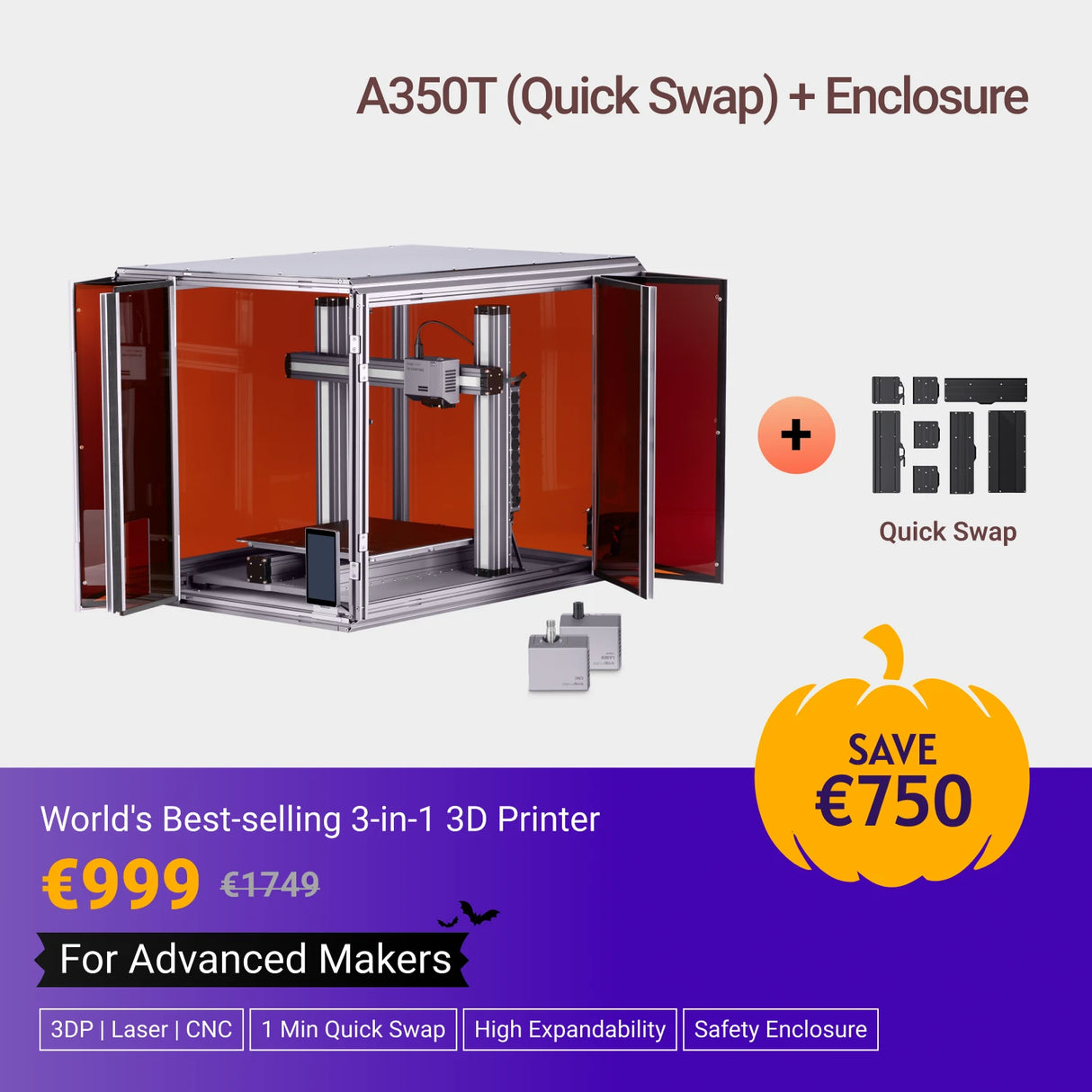 Snapmaker 2.0 Modular 3-in-1 3D Printer with Enclosure A350T (VAT Incl.)
