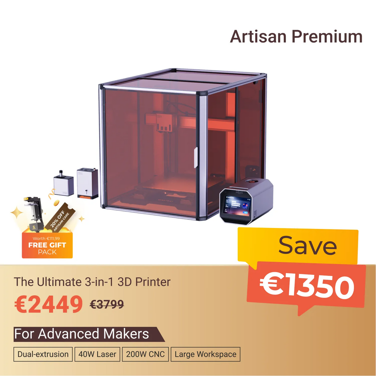 Snapmaker Artisan 3-in-1 3D Printer (VAT Incl.)
