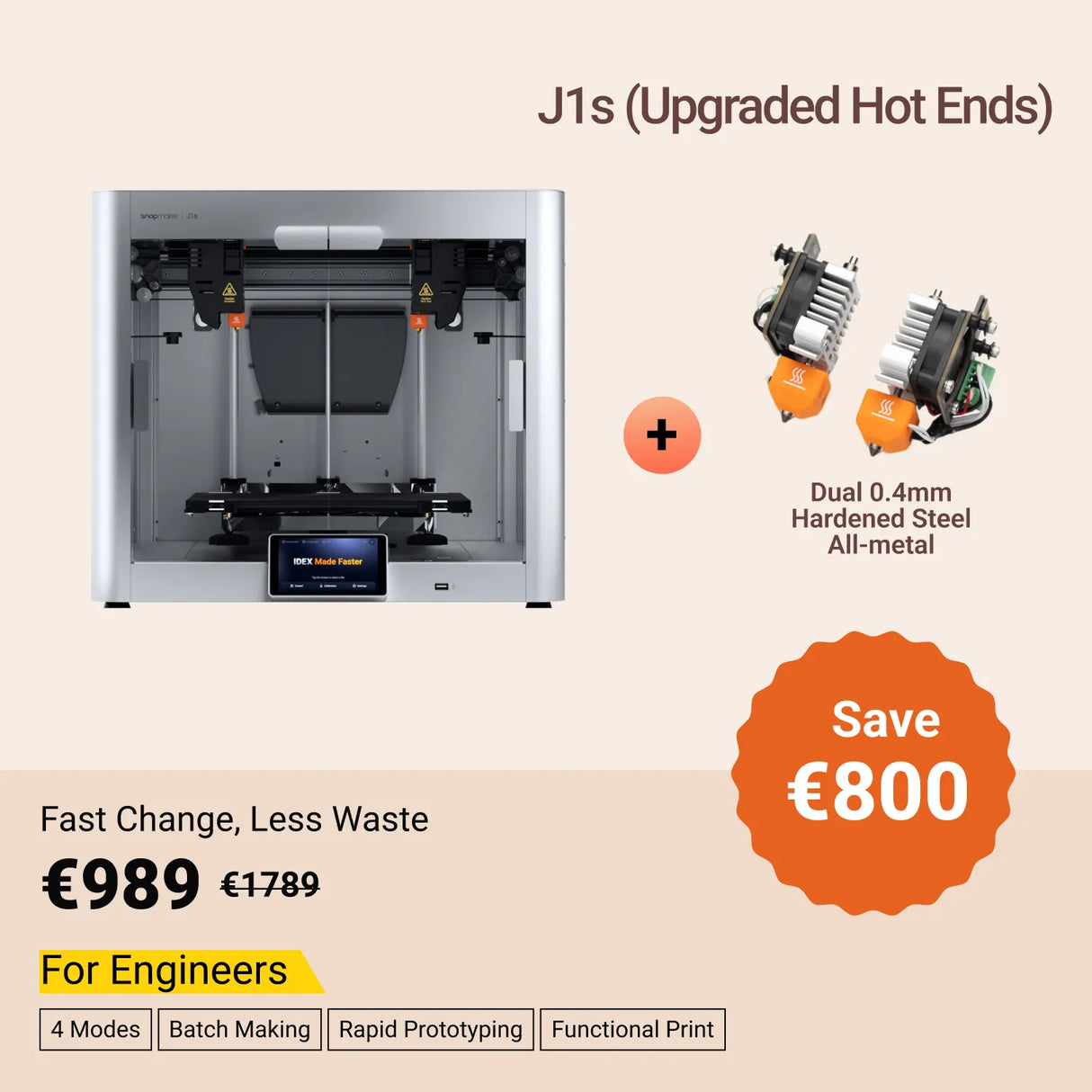 Snapmaker J1s High Speed IDEX 3D Printer (VAT Incl.)