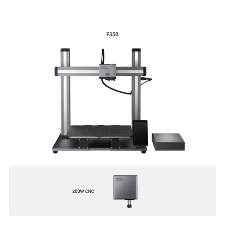 Snapmaker F350 3D printer showcasing the 200W CNC module and large work area.