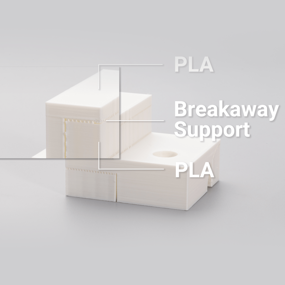 Stützstrukturen aus PLA-Filament auf einem 3D-Druck, hergestellt mit „Snapmaker Breakaway PLA“.